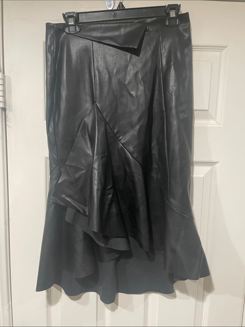 metrostyle Black Faux Leather High-Low Ruffle Skirt